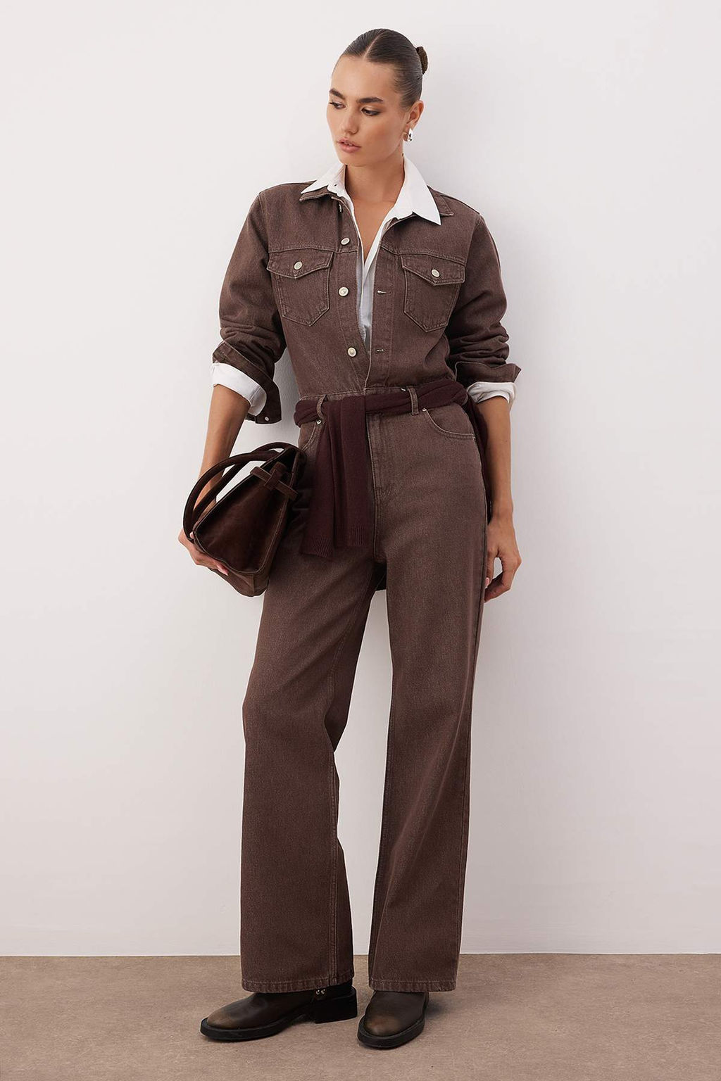 Kahverengi Gomlek Yaka Dugmeli Cepli Denim Tulum TWOAW26TU00012