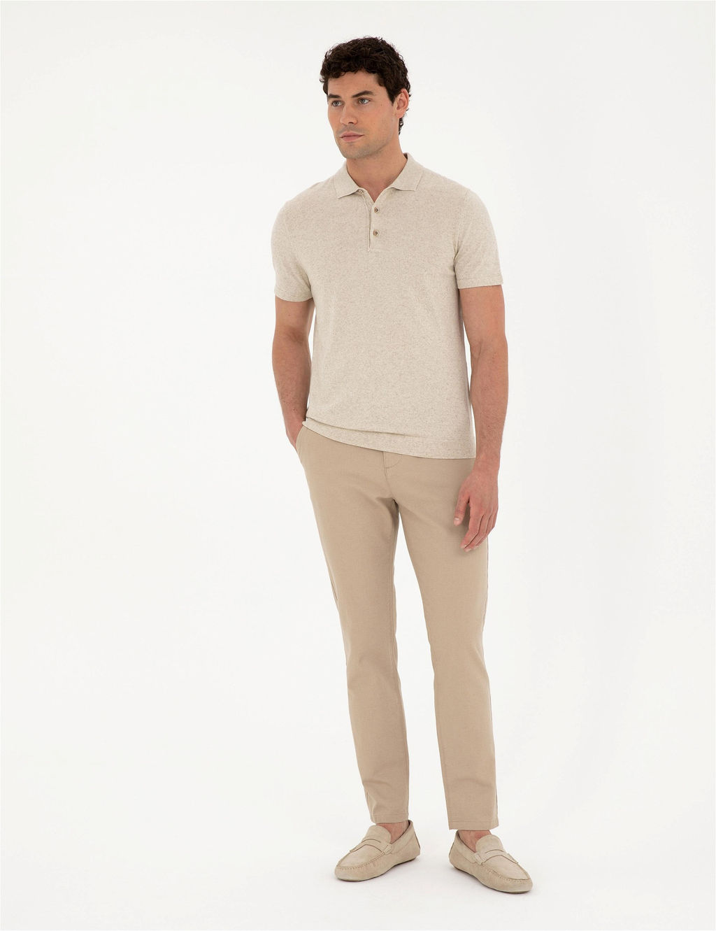 Bej Slim Fit D__meli Polo Yaka Keten Kar___ml_ Triko Ti__rt - Pierre cardin фото 4