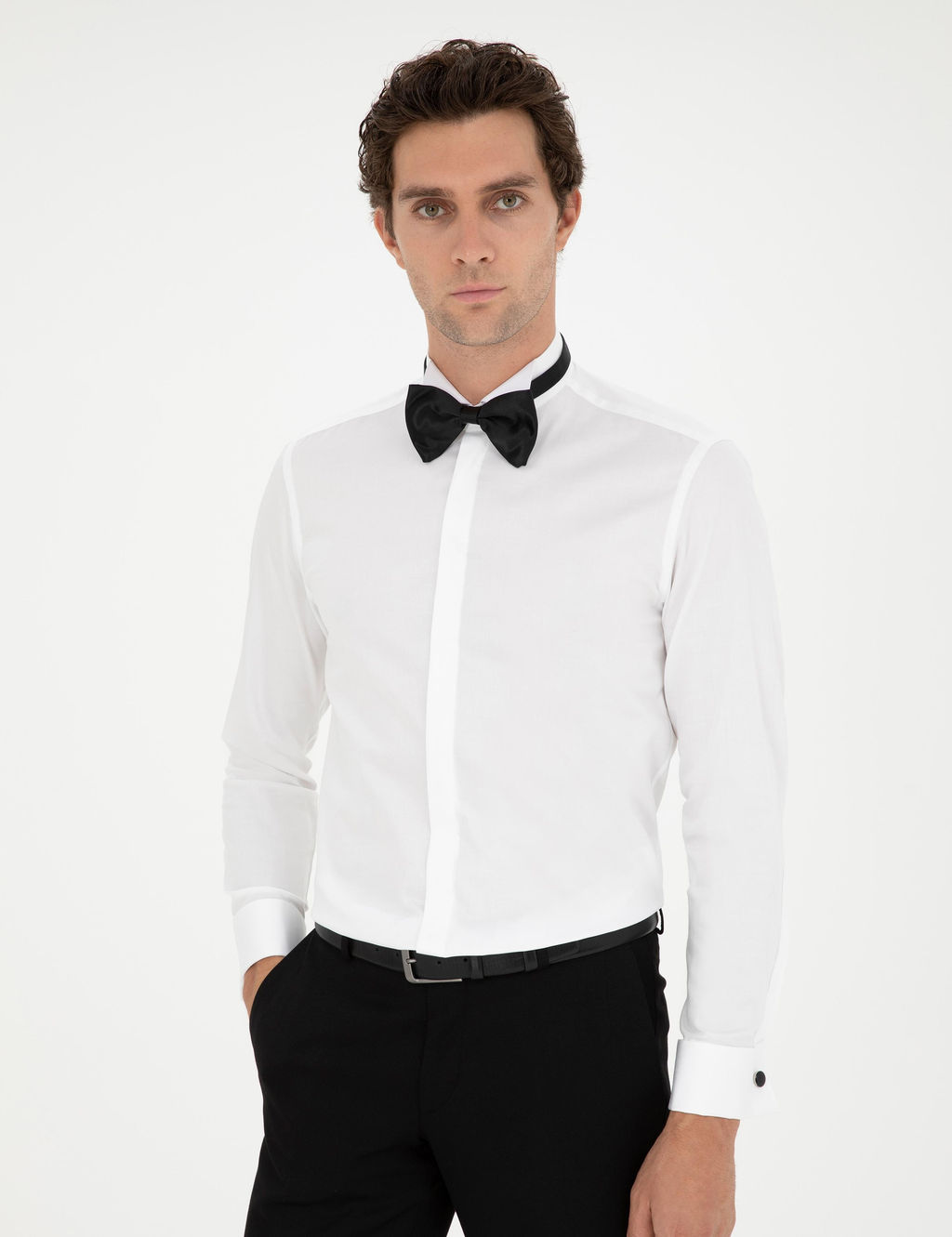 Белая рубашка под смокинг приталенного кроя из смесового хлопка с манжетами - Cacharel фото 3