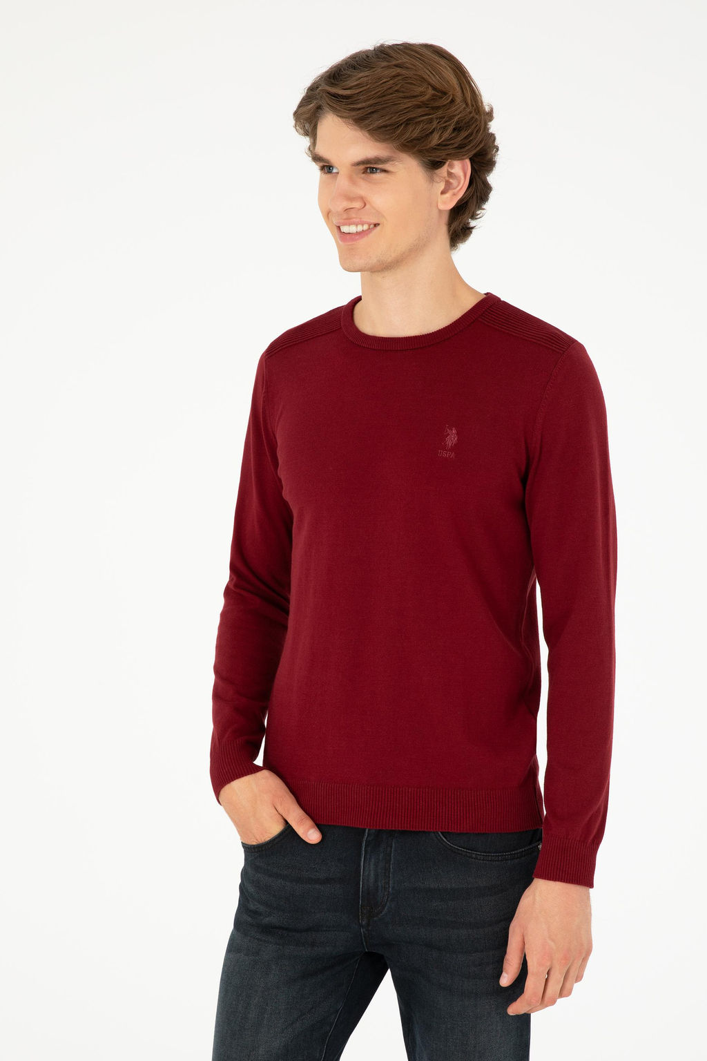 Erkek Slim Fit Bisiklet Yaka Bordo Basic Kazak