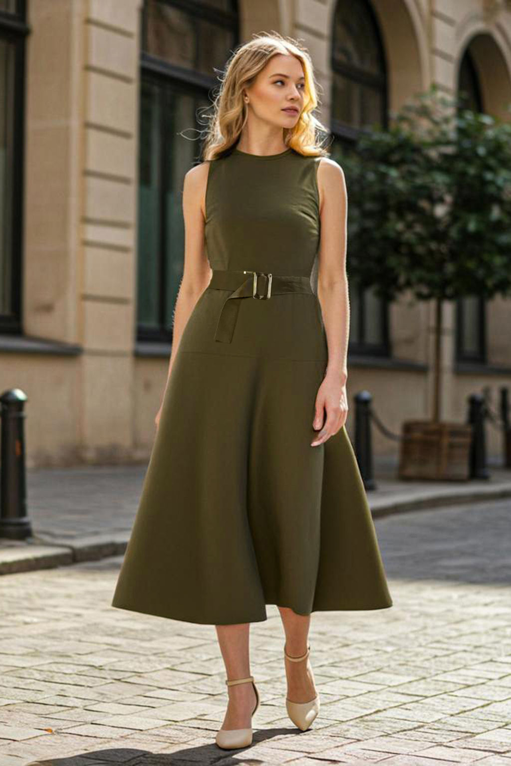 TRENDYOLMILLA Haki Kemerli A Kesim Midi Gabardin Dokuma Elbise TWOSS25EL00055  фото 12