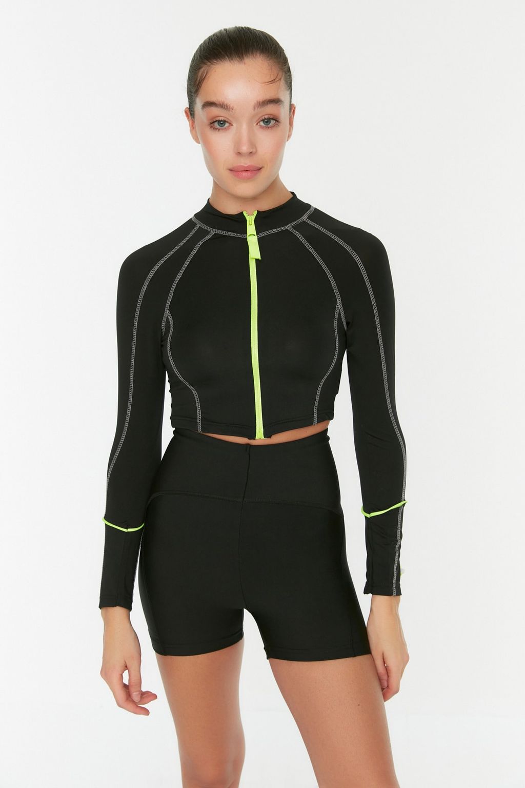 Siyah Crop Neon Fermuarl? Kol Buzgu Detayl? Orme Spor Ust/Bluz TWOSS21BZ0445 - Trendyolmilla фото 5