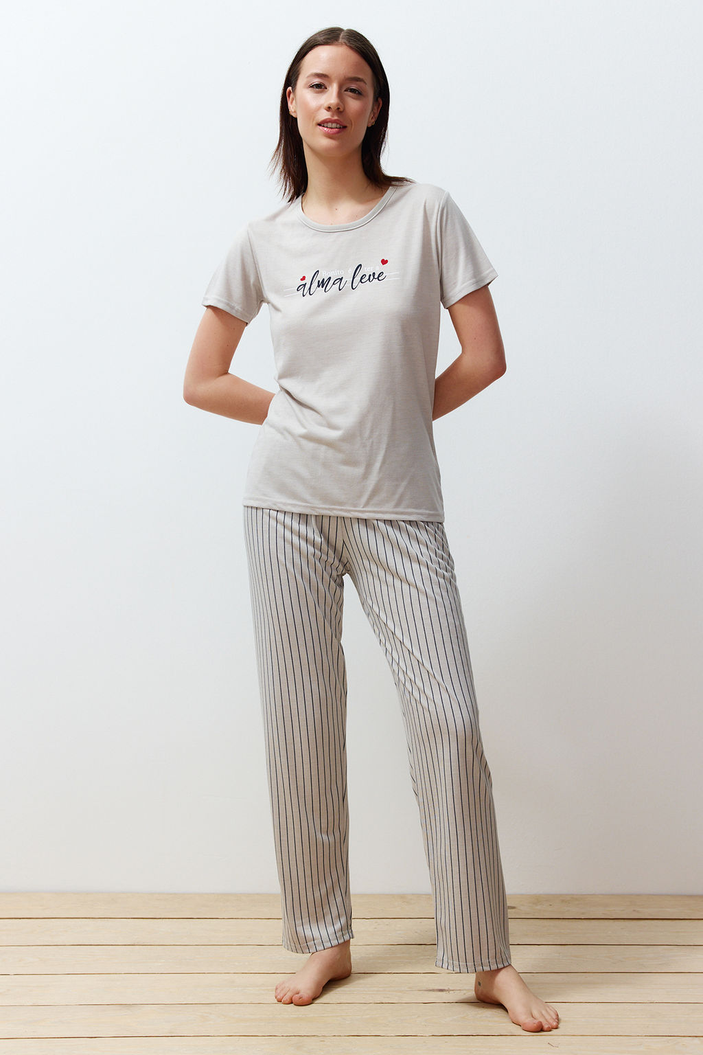 Trendyolmilla Mint Slogan Bask?l? Cizgili Orme Pijama Tak?m? THMSS24PT00251  фото 8