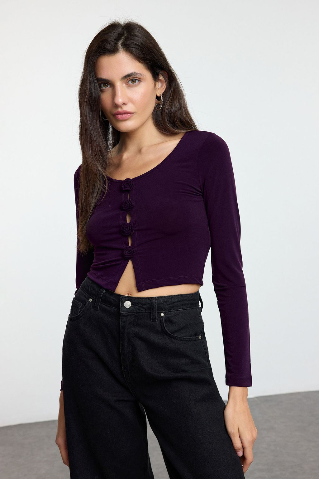 Mor Fitted/Vucuda Oturan Gul Detayl?Orme Bluz TWOAW25BZ00277 - Trendyolmilla фото 2