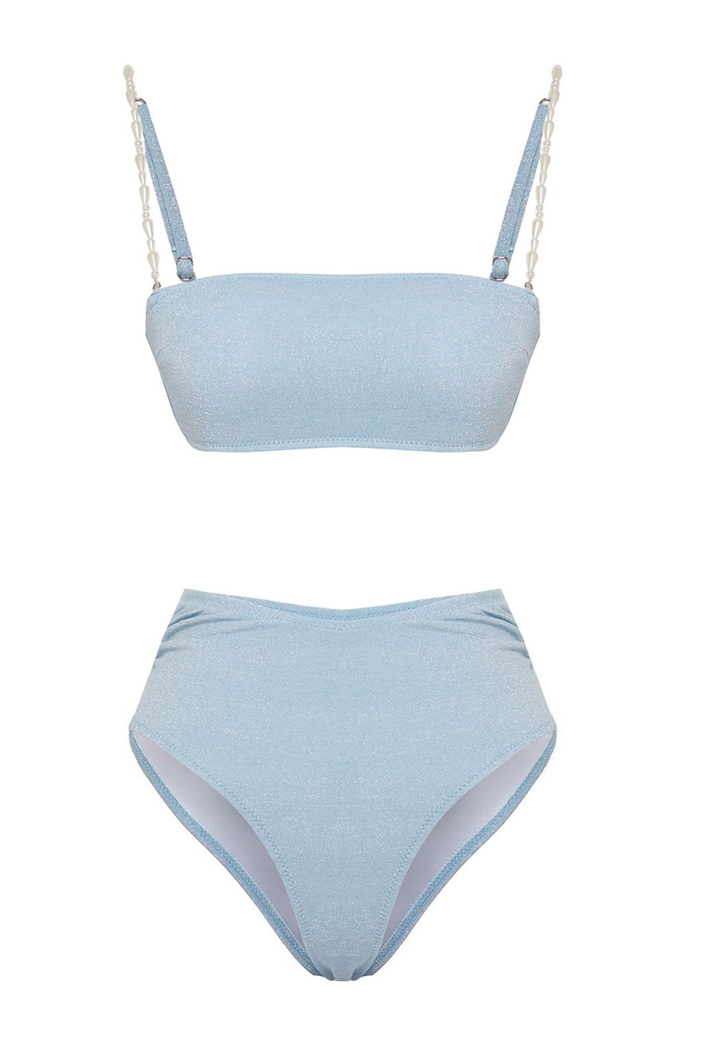 TRENDYOLMILLA Mavi Straplez Inci Aksesuarl? Simli Yuksek Bel Regular Bikini Tak?m? TBESS25BT00060  фото 9