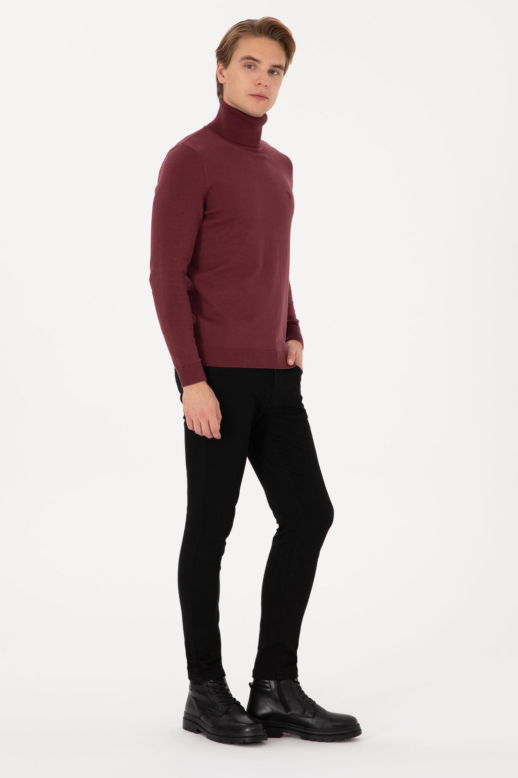 Erkek Slim Fit Bo_azl_ Yaka Bordo Kazak - U.s. polo assn фото 4