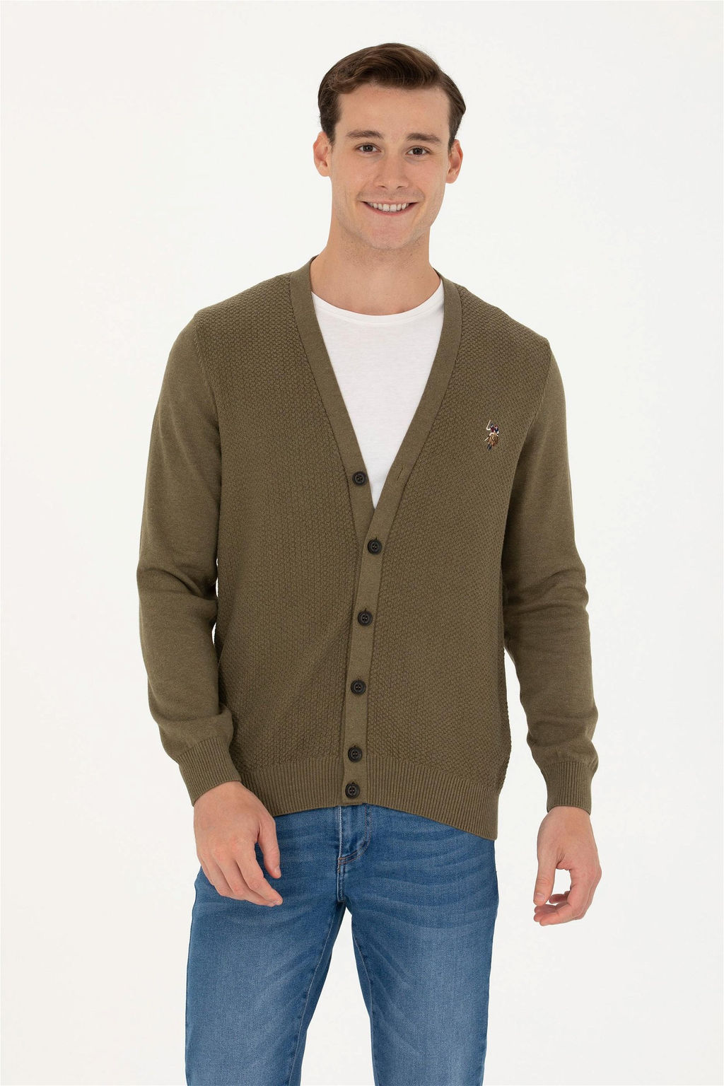 U. S. Polo Assn Мужской базовый трикотажный кардиган цвета хаки меланж - U.s. polo assn фото 8