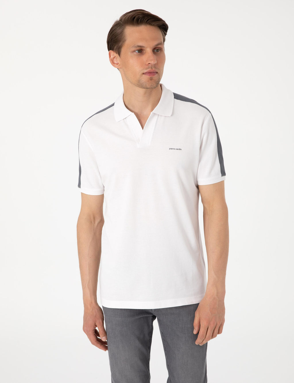 Koyu Gri Kol Detayl_ Slim Fit %100 Pamuk Apa_ Yaka Ti__rt