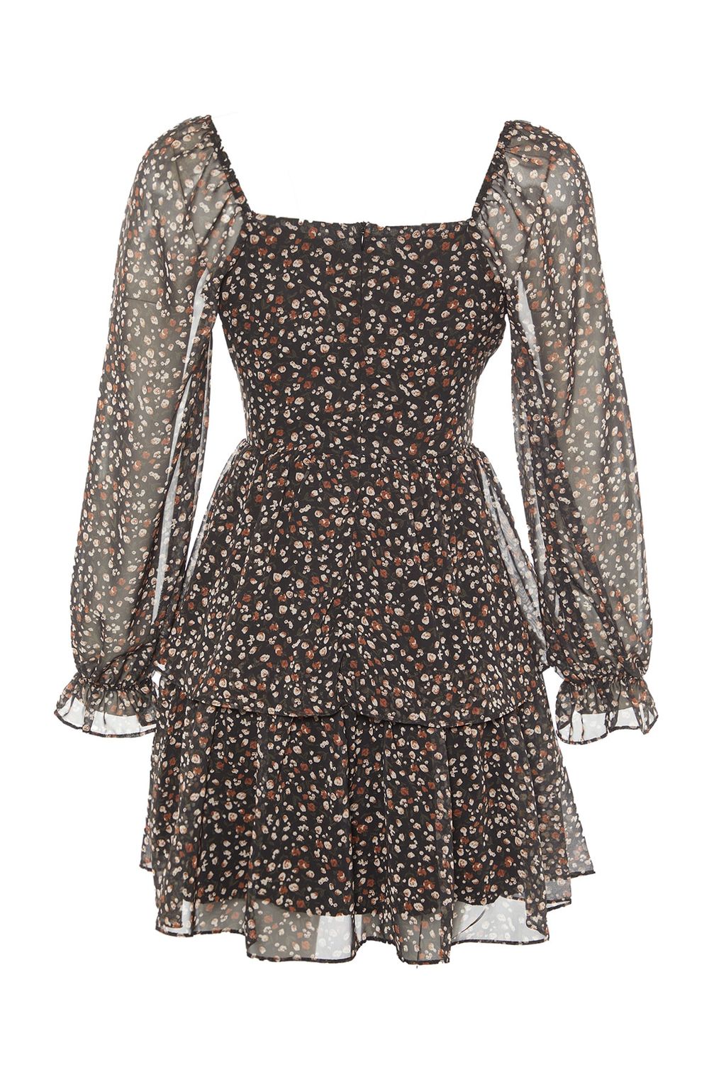 Siyah Cicek Desenli Belden Ac?lan Volanl? Astarl? Dokuma Elbise TWOAW23EL01455