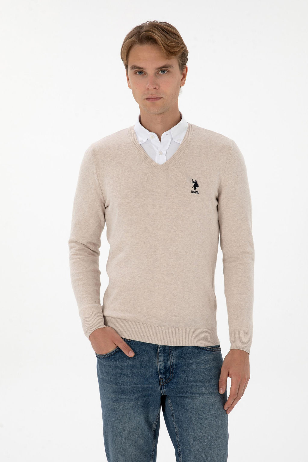 Erkek Slim Fit V Yaka Ta_ Melanj Basic Kazak