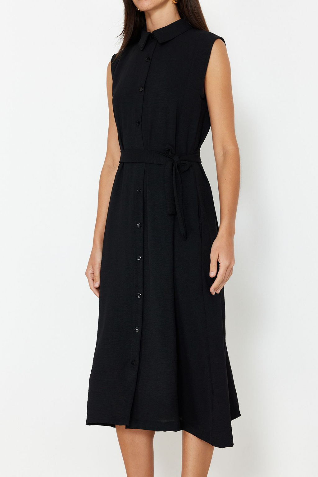 Siyah Kusakl? Duz Midi Kusakl? Siyah Kolsuz Gomlek Dokuma Elbise TWOSS24EL00984 - Trendyolmilla фото 5