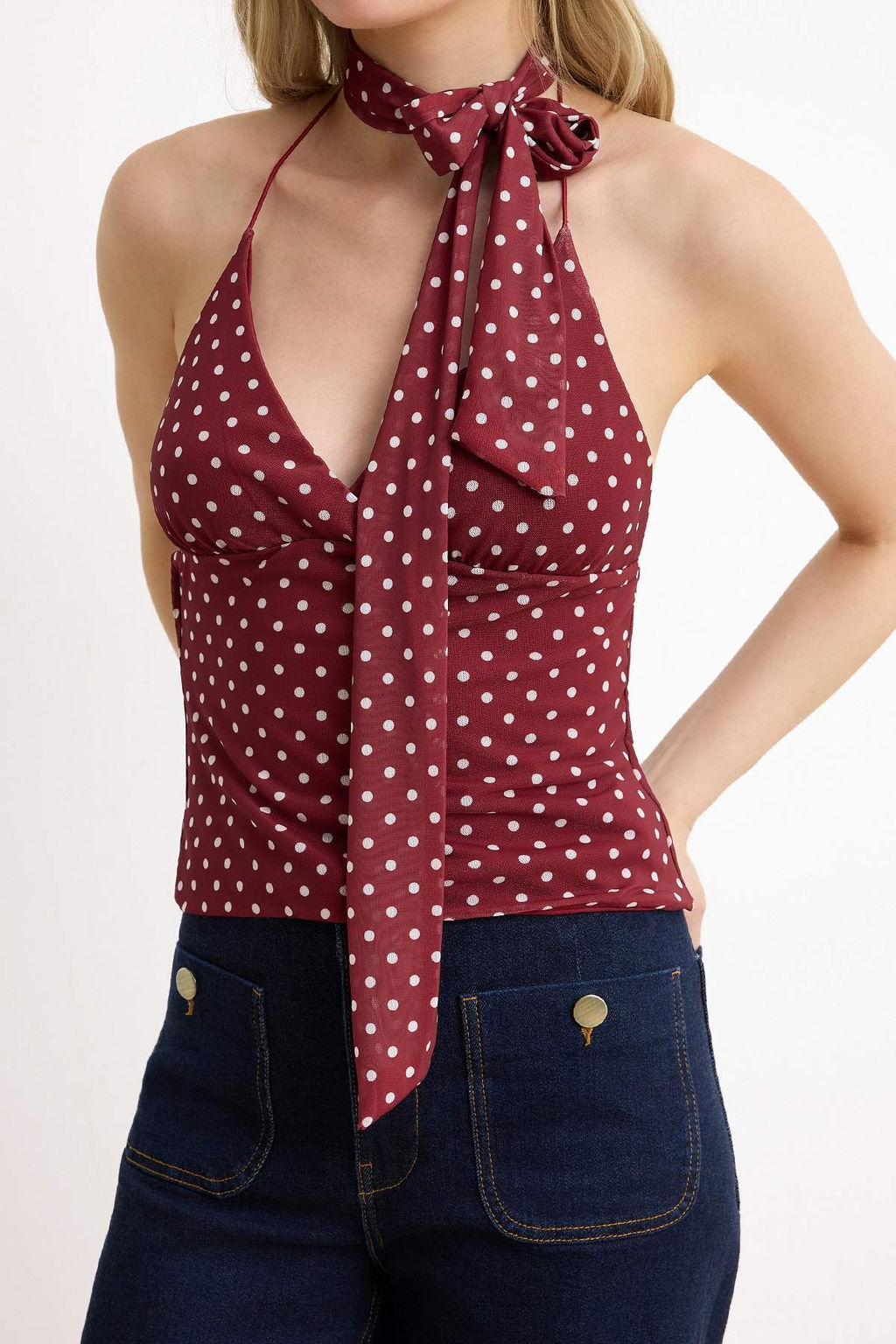 Bordo Puantiyeli Fitted/Vucuda Oturan Boyundan Baglamal? Fularl? Tul Orme Bluz TWOSS26BZ00488 - Trendyolmilla фото 4