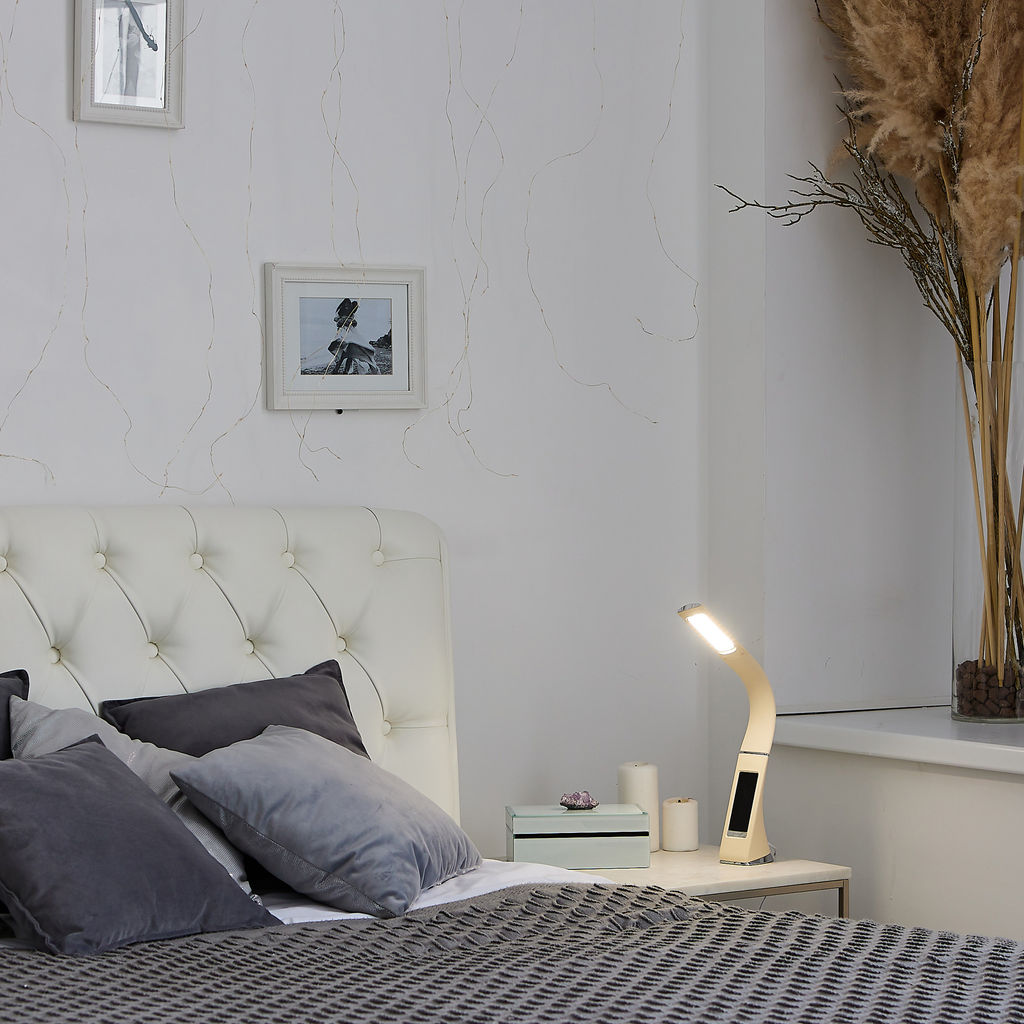 TLD-542 Cream/LED/300Lm/5000K/Dimmer Светильник настольный c часами, календарем, термометром, 5W. Сенсорный выключатель. Кремовый (стилизован под кожу). TM Uniel.