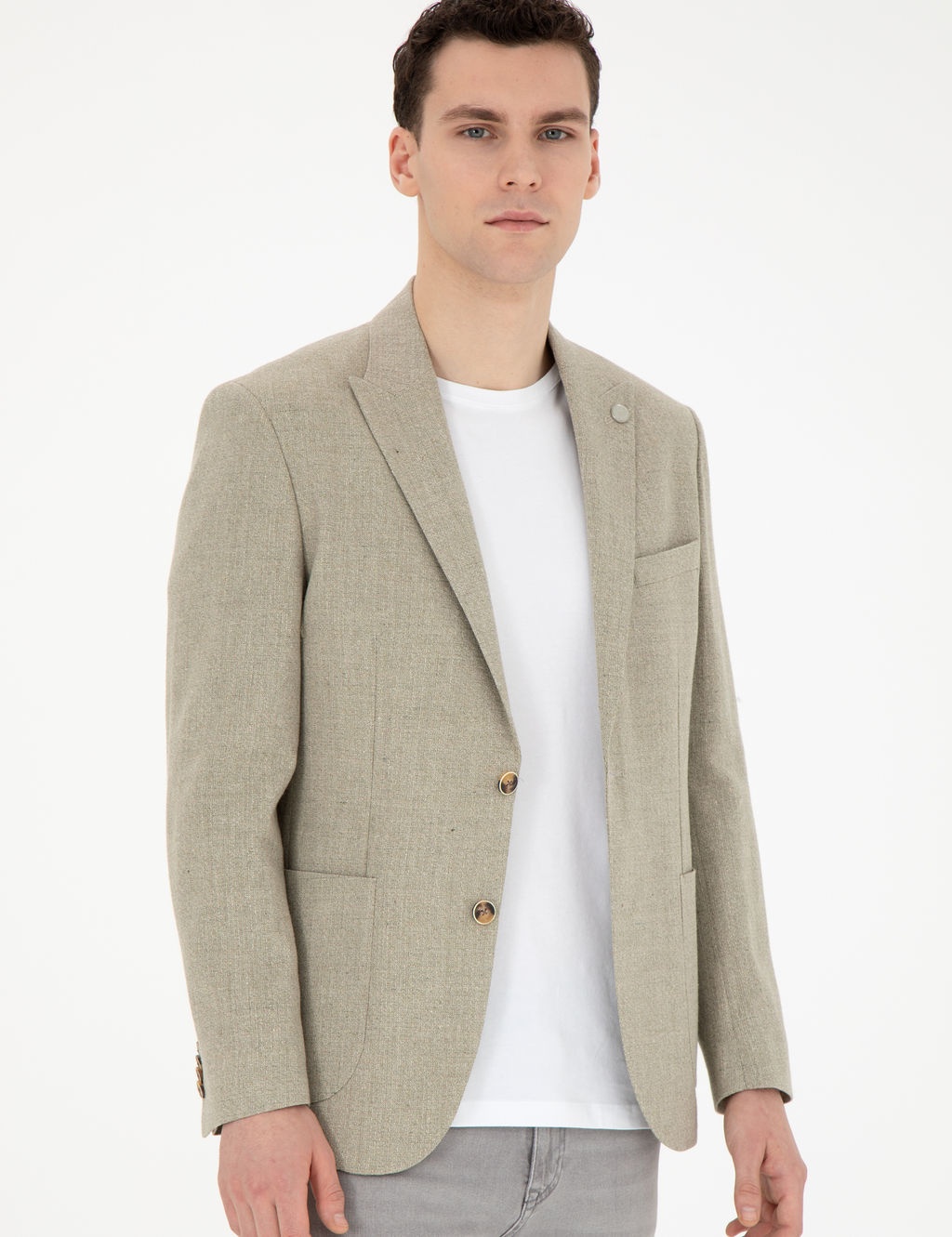 A__k Ye_il Slim Fit Keten Kar___ml_ Ceket