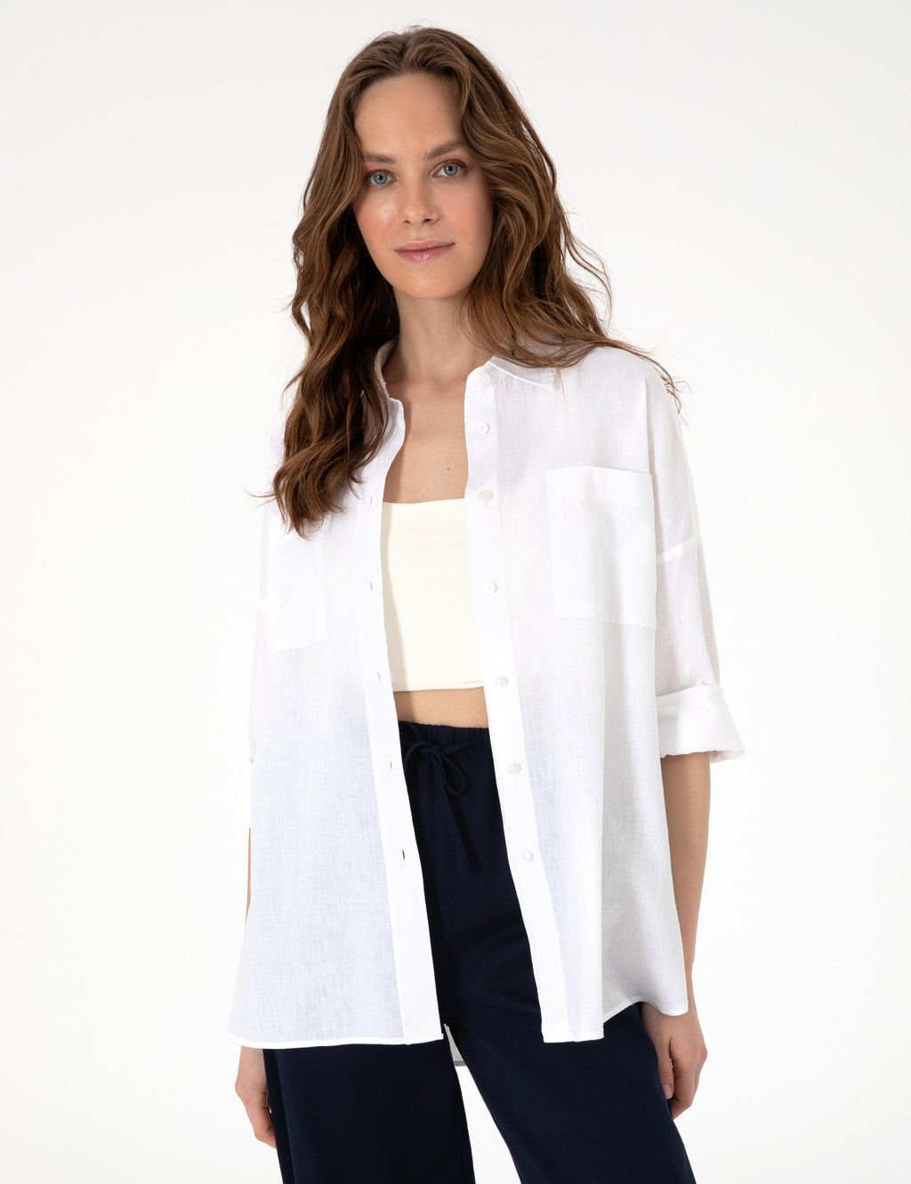 Beyaz Oversize Keten Kar___ml_ Uzun Kollu G_mlek - Pierre cardin фото 2