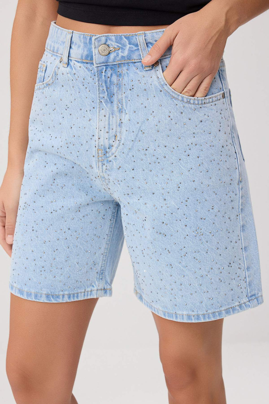 Mavi Ta_ Detayl_ Y_ksek Bel Denim Bermuda TWOSS26SR00242