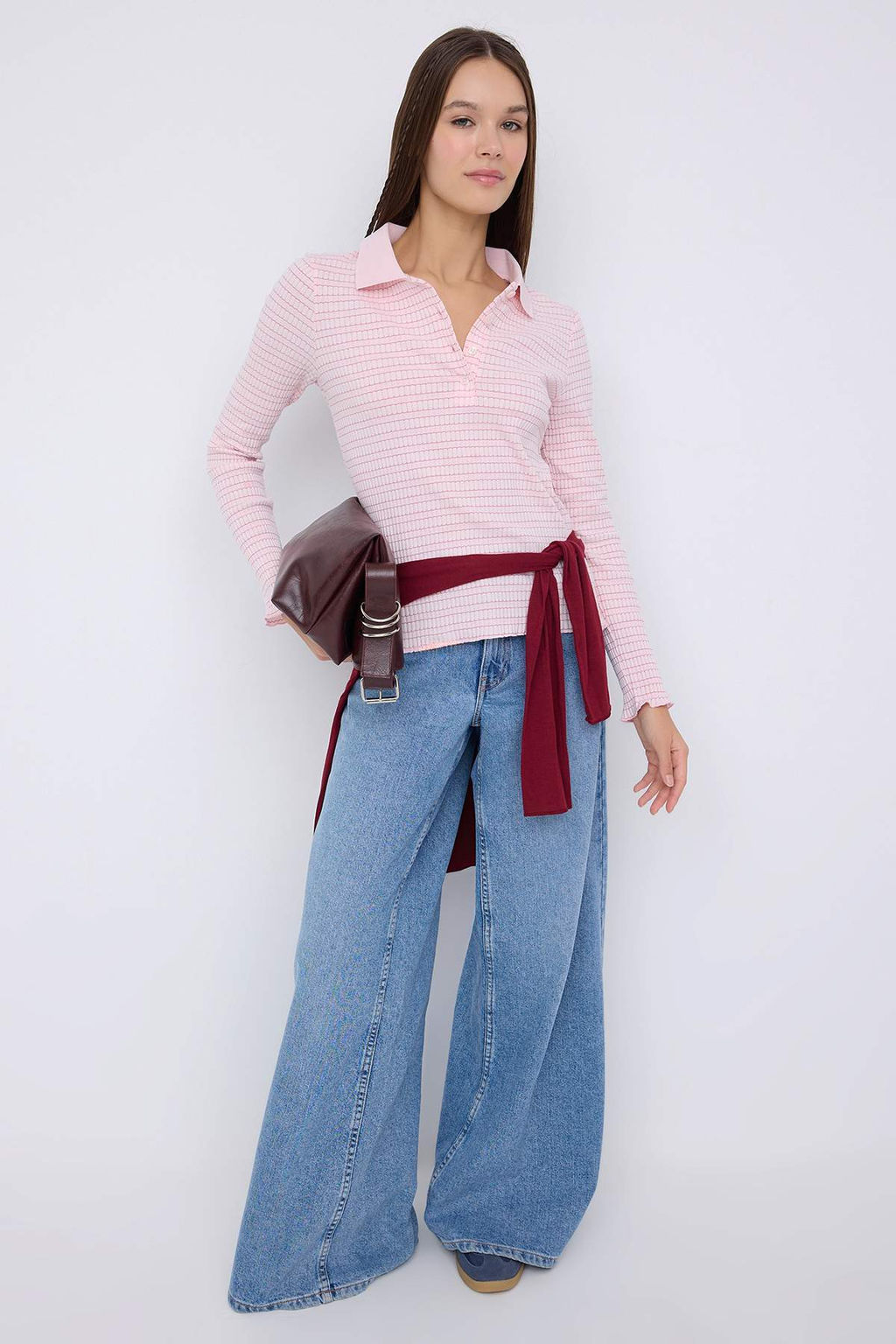 Pembe Fitted/Vucuda Oturan Uzun Kollu Polo Yaka Yar?m Partl? Jakarl? Esnek Orme Bluz TWOAW26BZ00114 - Trendyolmilla фото 6