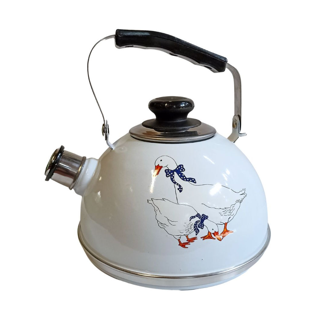 Чайник 2,5л. (подвиж. ручка) - белый / гуси (декор - нерж. сталь) TM04/25/03/36