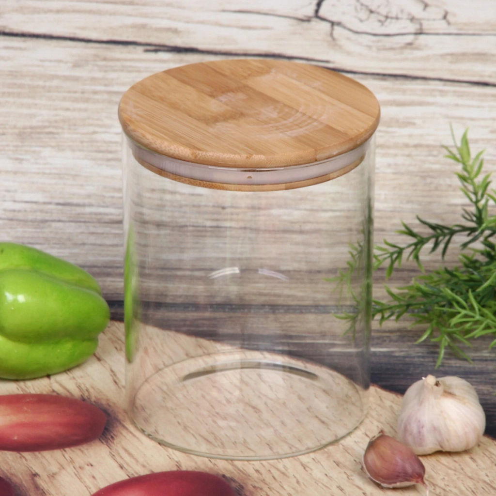 Банка для продуктов стеклянная 1350мл "Хай-Тек" с бамбуковой крышкой 12*15см