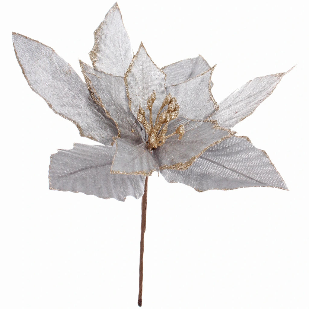 Цена за 2шт. Украшение новогоднее "Пуансеттия - Фурия" 26 см, Серебро