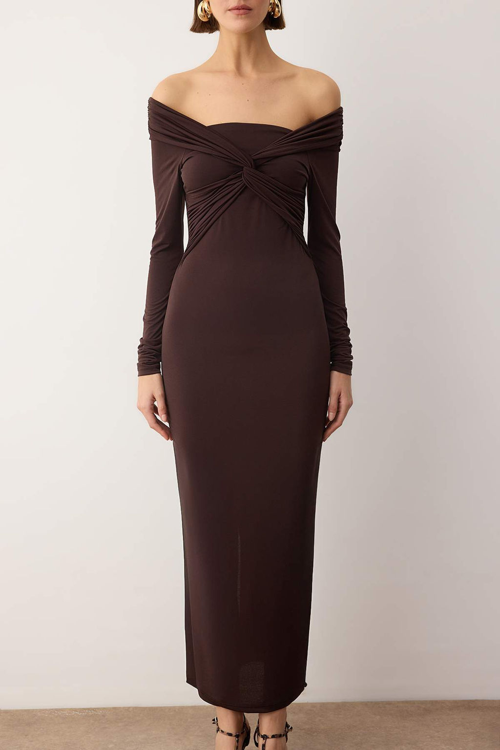 Koyu Kahverengi Yaka Detayl? Orme Midi Astars?z S?k/Gece Elbise TPRAW26EL00038