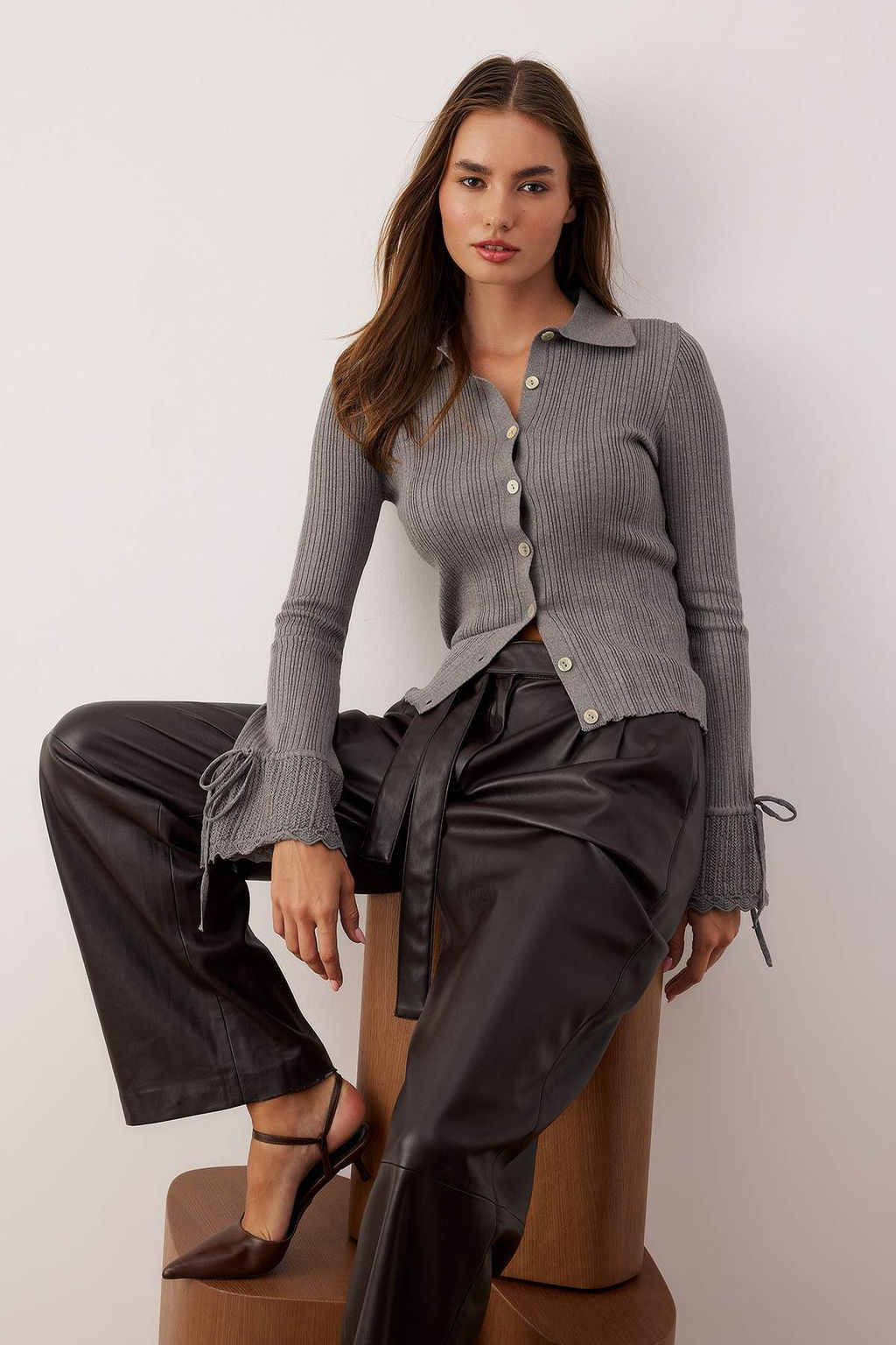 Gri Merserize Gorunumlu Fitilli Polo Yaka Triko H?rka TWOAW26HI00111