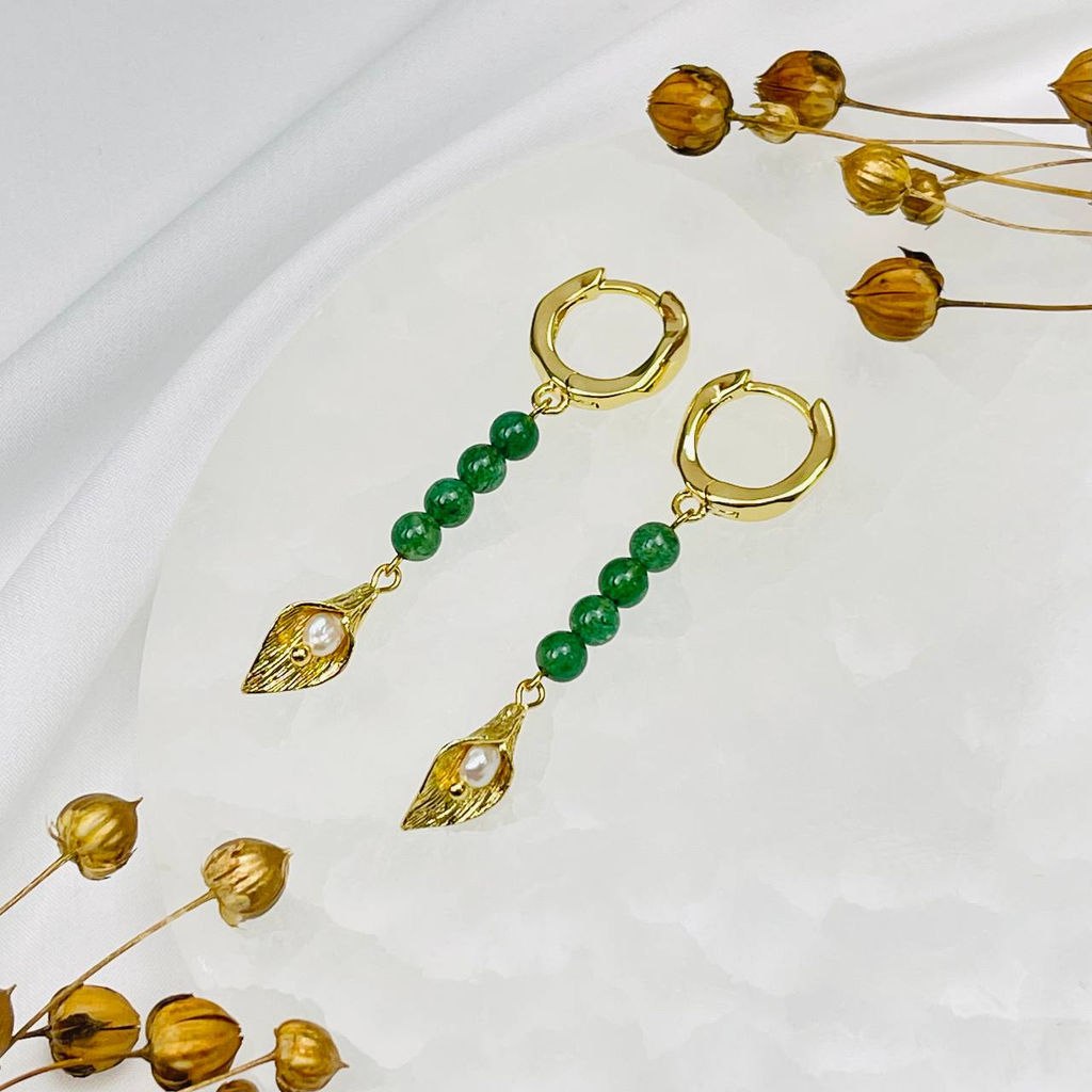 Серьги из зеленого Кварца и Жемчуга