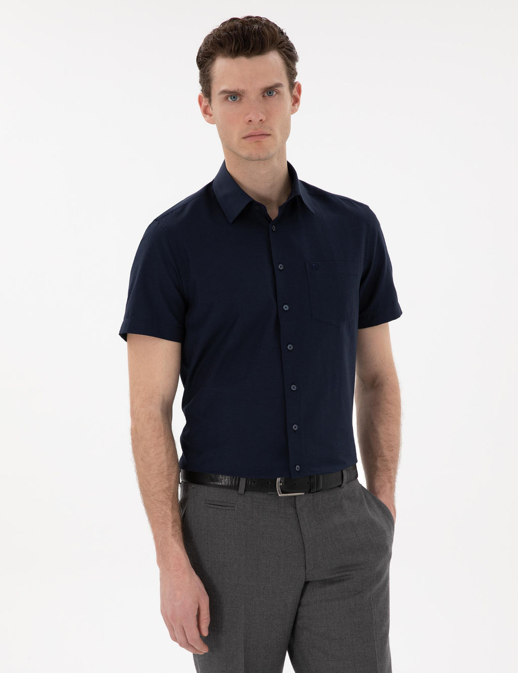 Lacivert Basic Regular Fit K_sa Kollu Cepli G_mlek