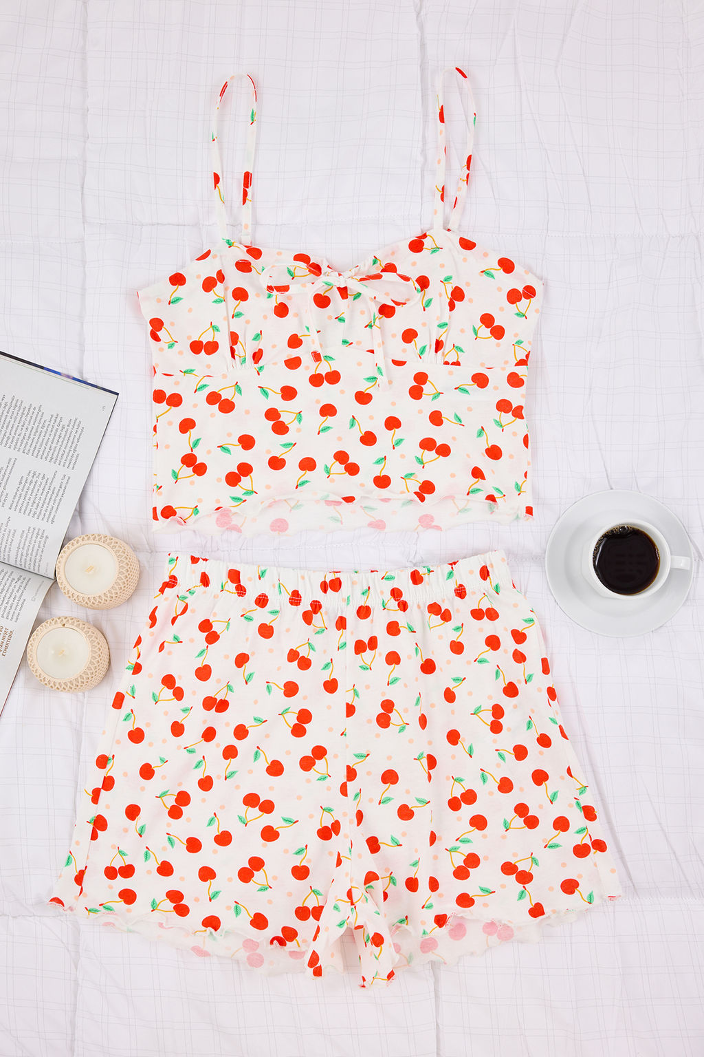 Trendyolmilla Pembe %100 Pamuklu Kiraz Desenli Ip Ask?l? Sortlu Orme Pijama Tak?m? THMSS22PT0649  фото 21