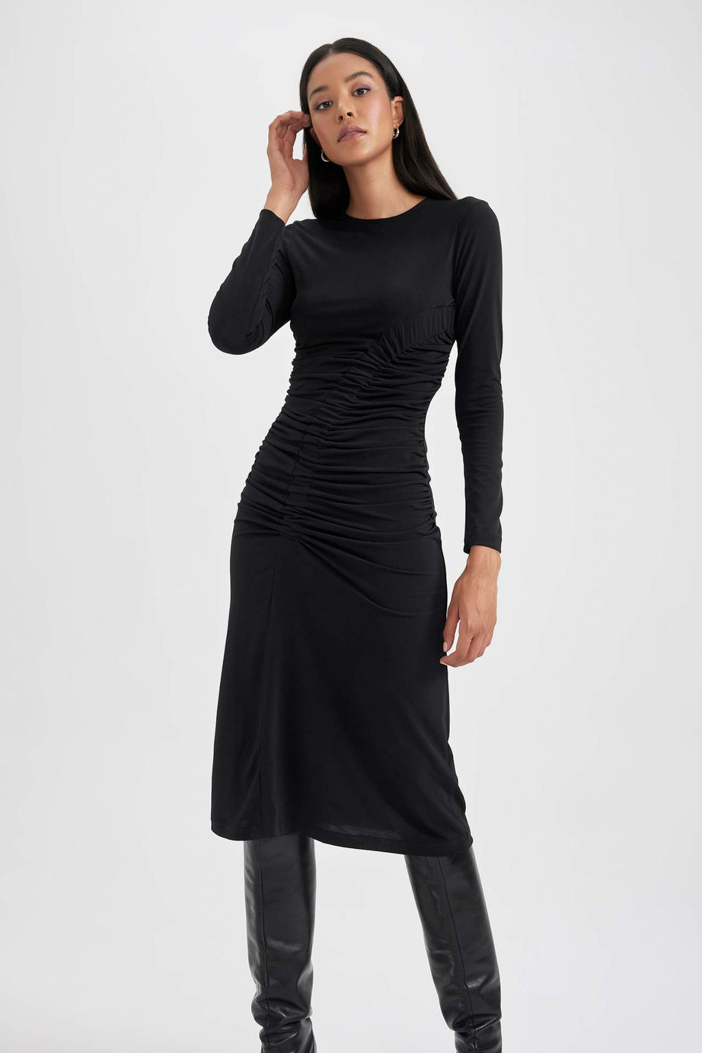 Bodycon Vucudu Saran Yuvarlak Yaka Uzun Kollu Midi Elbise - Defacto фото 2