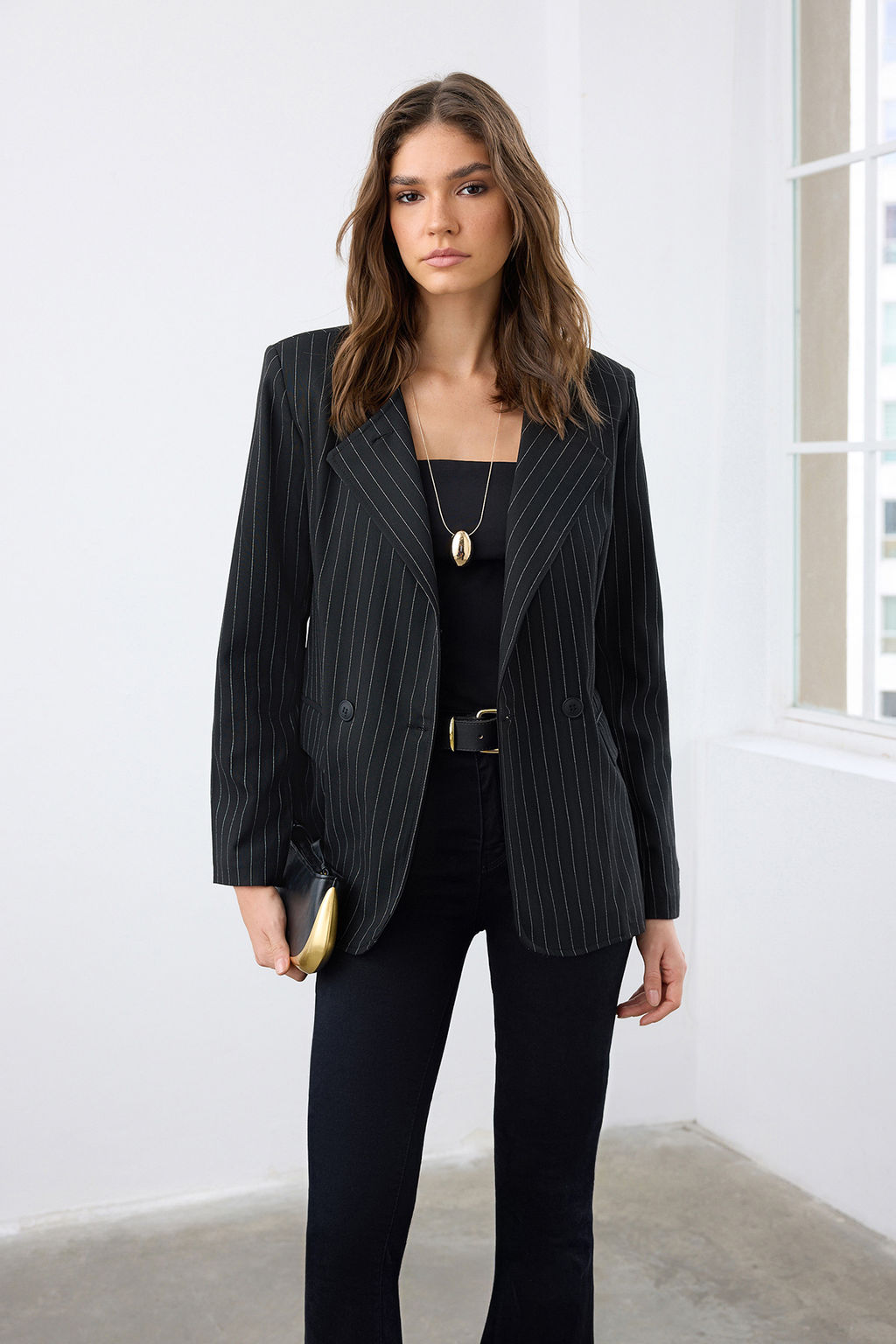 Siyah Cizgili Anvelop Kapama Dokuma Blazer Ceket TWOAW26BC00018