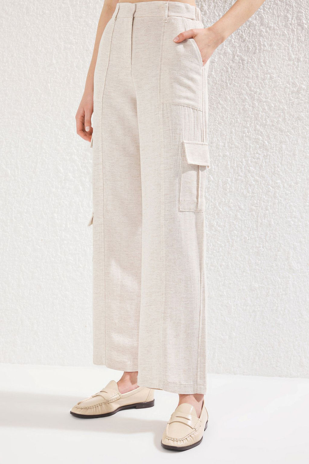 Bej Keten Gorunumlu Yanlar? Cep Detayl? Dokuma Pantolon TWOSS25PL00066 - Trendyolmilla фото 3