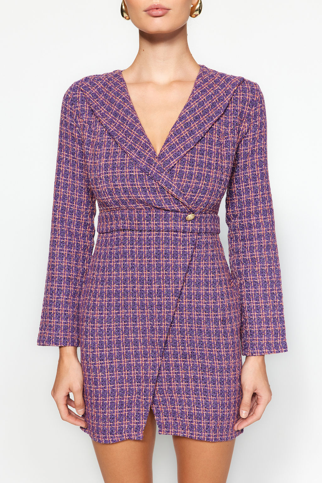 Trendyolmilla Bej Ekose / Kareli Dokuma Elbise TWOAW24EL00339 фото 12