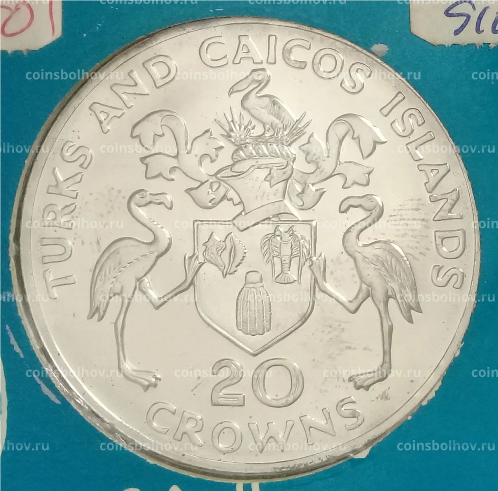 Монета 20 крон 1974 года Теркс и Кайкос 100 лет со дня рождения Уинстона Черчилля (в блистере)