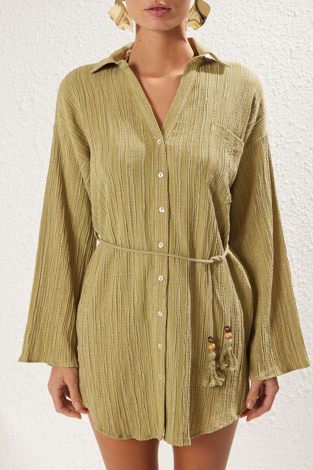 TRENDYOLMILLA Ekru Mini Dokuma Puskullu Flaml? Pamuk Plaj Elbisesi TBESS25EL00011  фото 13