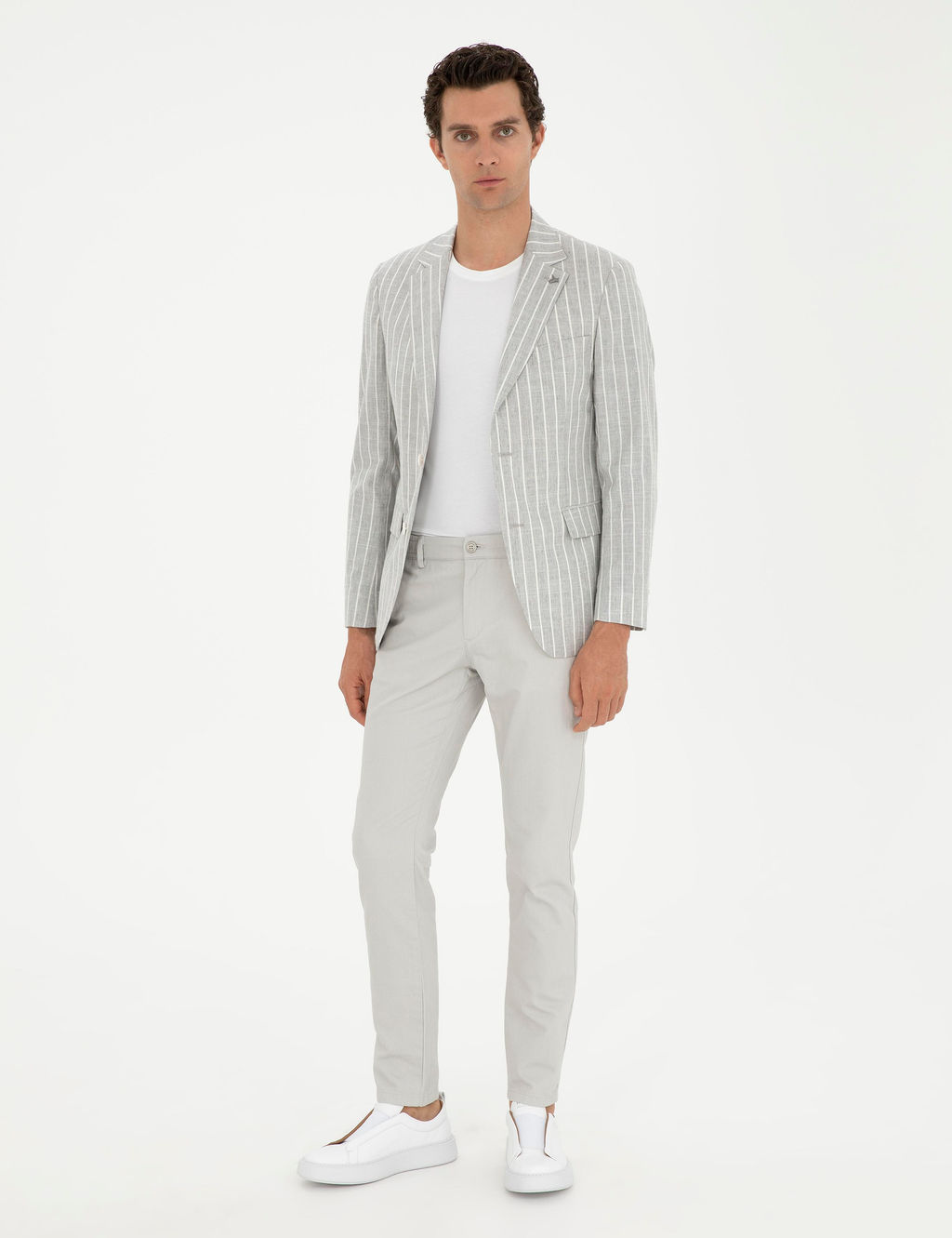 A__k Gri Slim Fit Y_n Keten Kar___ml_ Ceket