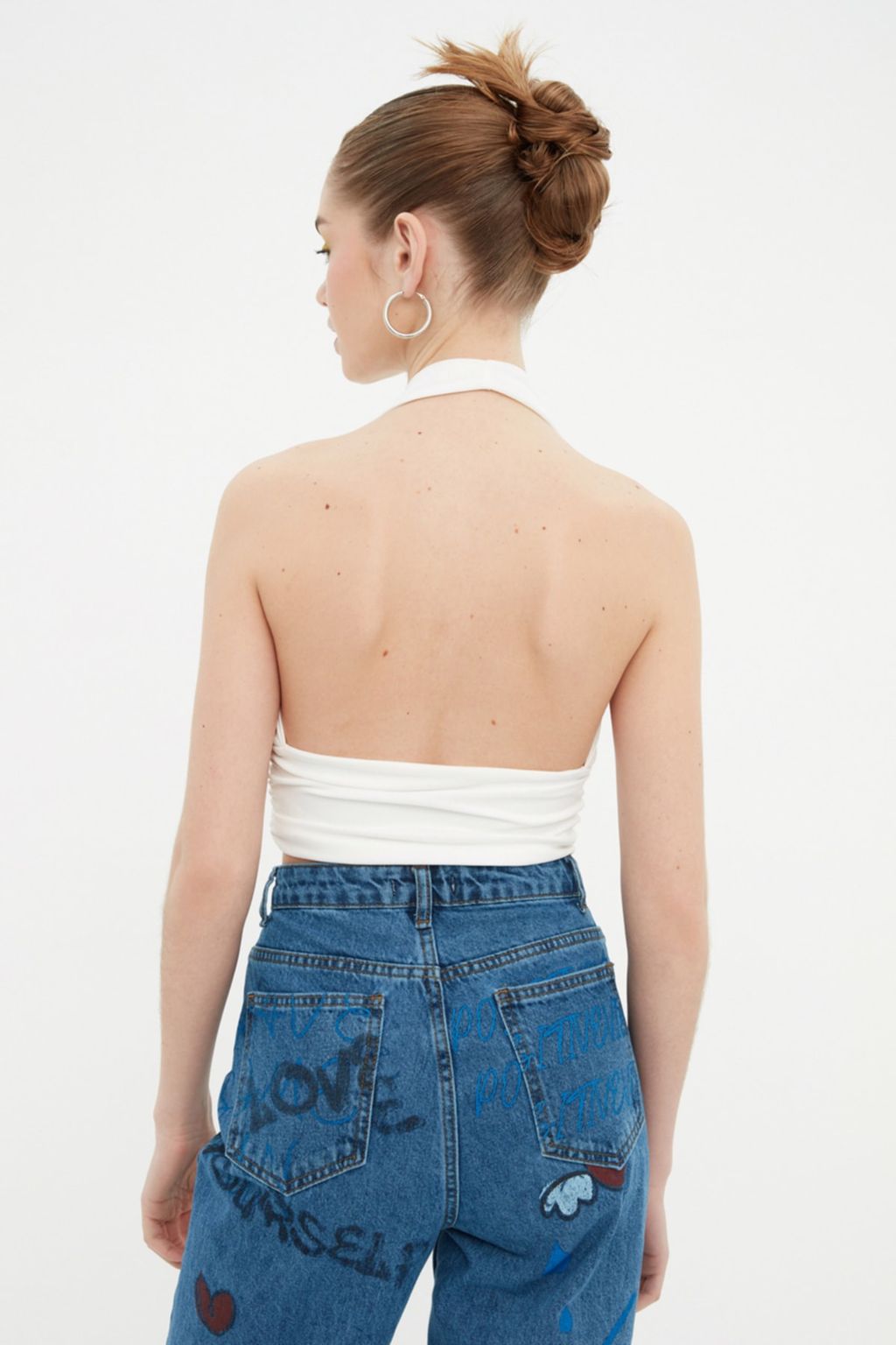 Ekru Boyundan Baglamal? Fitted/Vucuda Oturan Crop Orme Bluz TWOSS22BZ0544