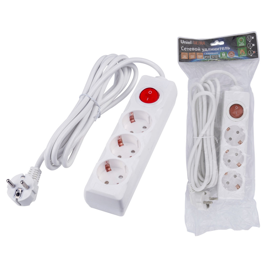 S-GCU3-3B WHITE Удлинитель серии Ultra, шнур 3м., 3 гнезда, 16A, с/з. Белый. TM Uniel