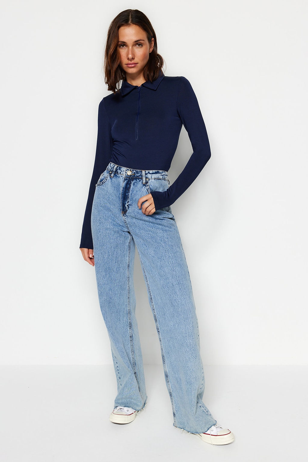 Lacivert Fermuar Yaka Detayl? C?tc?tl? Esnek Orme Body TWOAW24BD00005