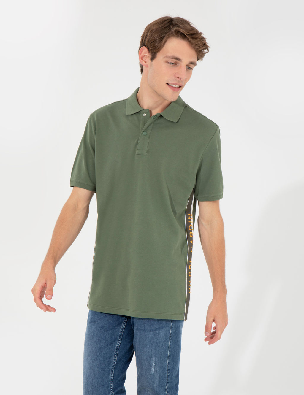 Haki Regular Fit Yandan _izgili Polo Yaka Ti__rt