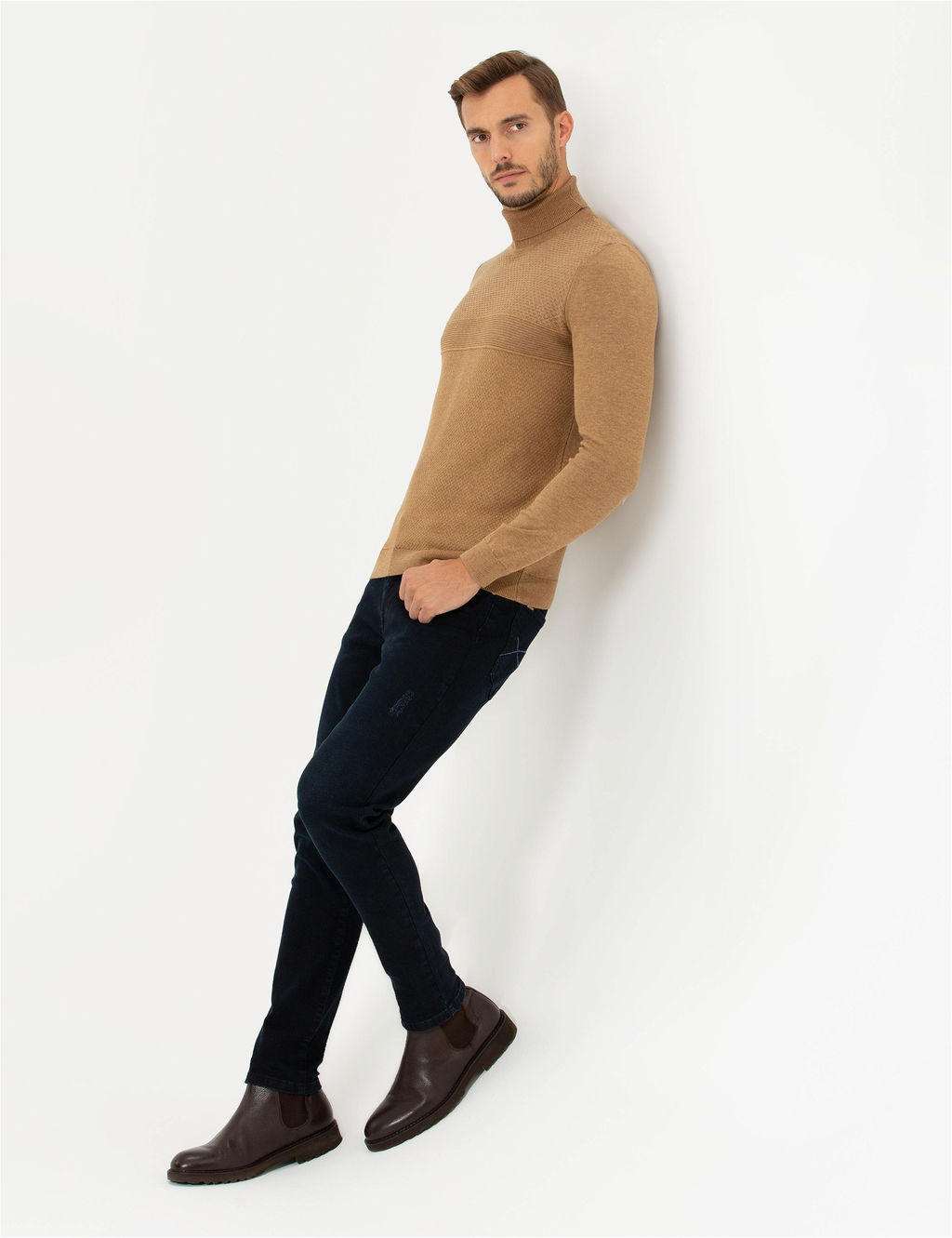 Camel Melanj Slim Fit Bal_k__ Yaka Triko Kazak