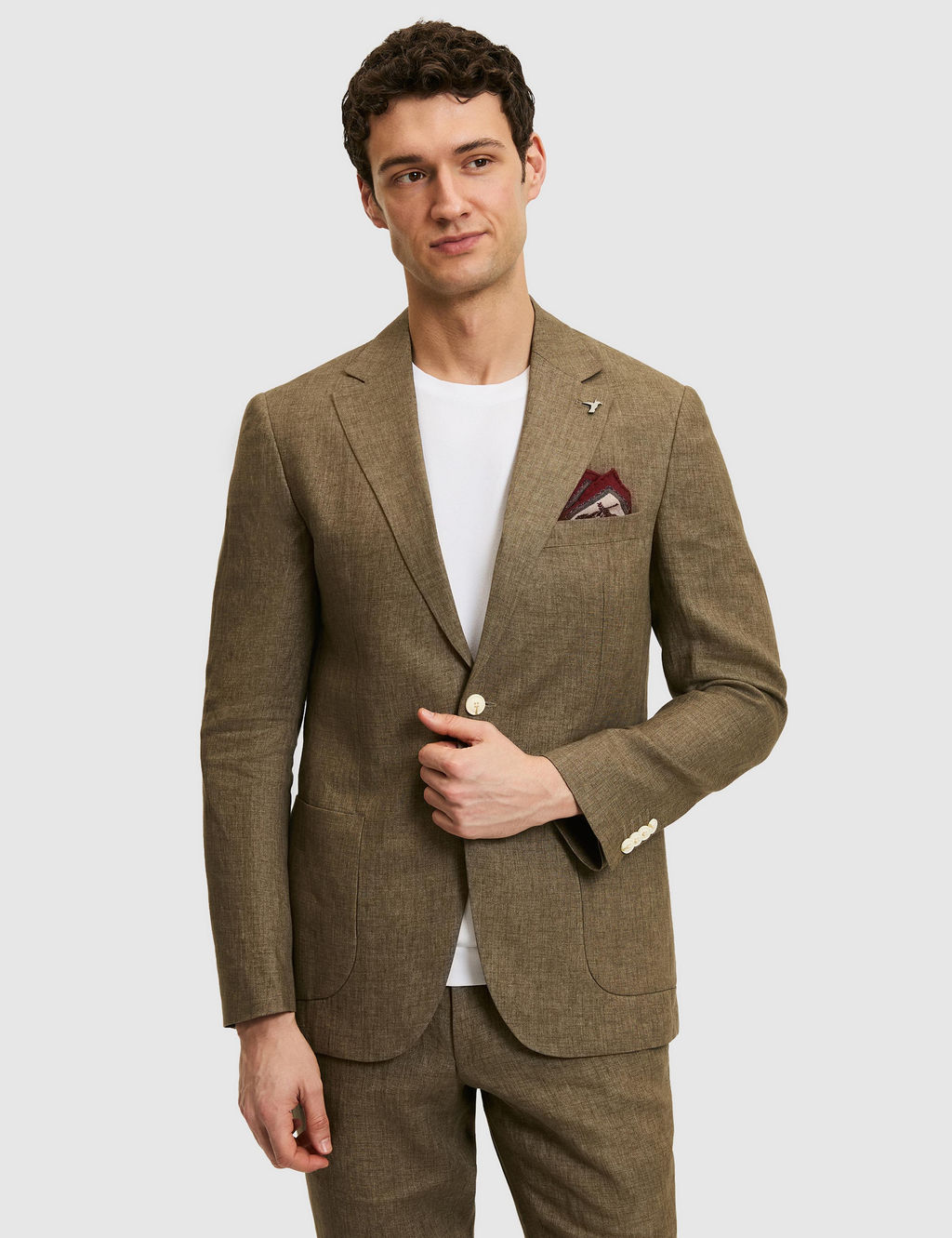Haki Slim Fit %100 Keten Mikro Desen Mono Yaka Ceket