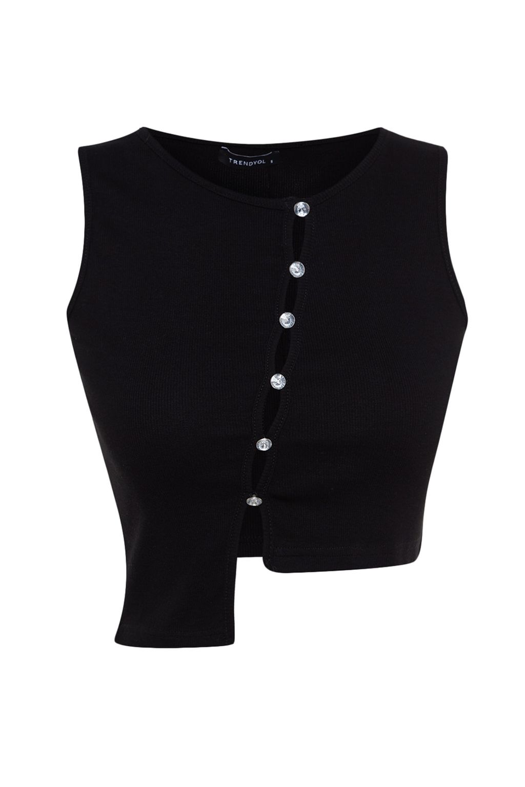 Trendyolmilla Siyah Tas Detayl? Asimetrik Fitted/Vucuda Oturan Fitilli Crop Orme Bluz TWOSS23BZ00500  фото 5