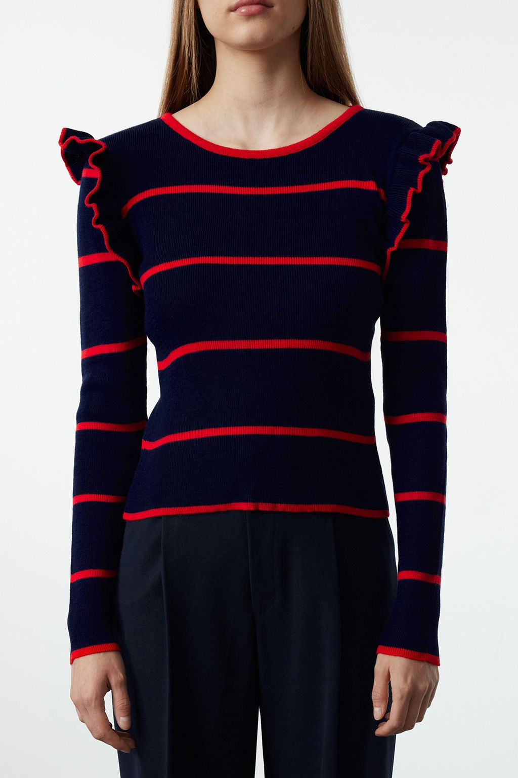 Ekru Omuzu Volanl? Cizgili Triko Kazak TWOAW25KZ00243 - Trendyolmilla фото 8