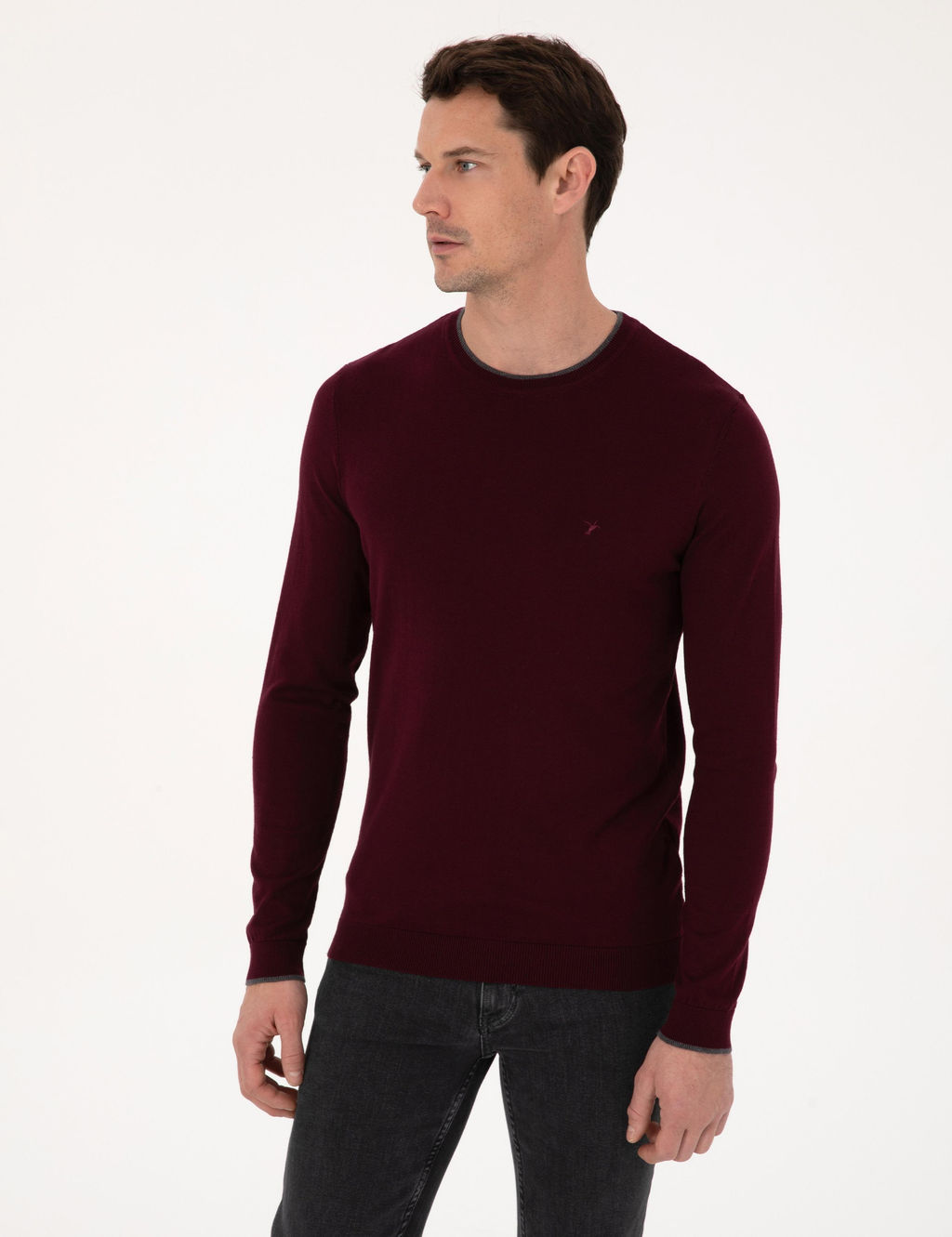 Bordo Slim Fit Pamuk Kar___ml_ Bisiklet Yaka Triko Kazak - Cacharel фото 3