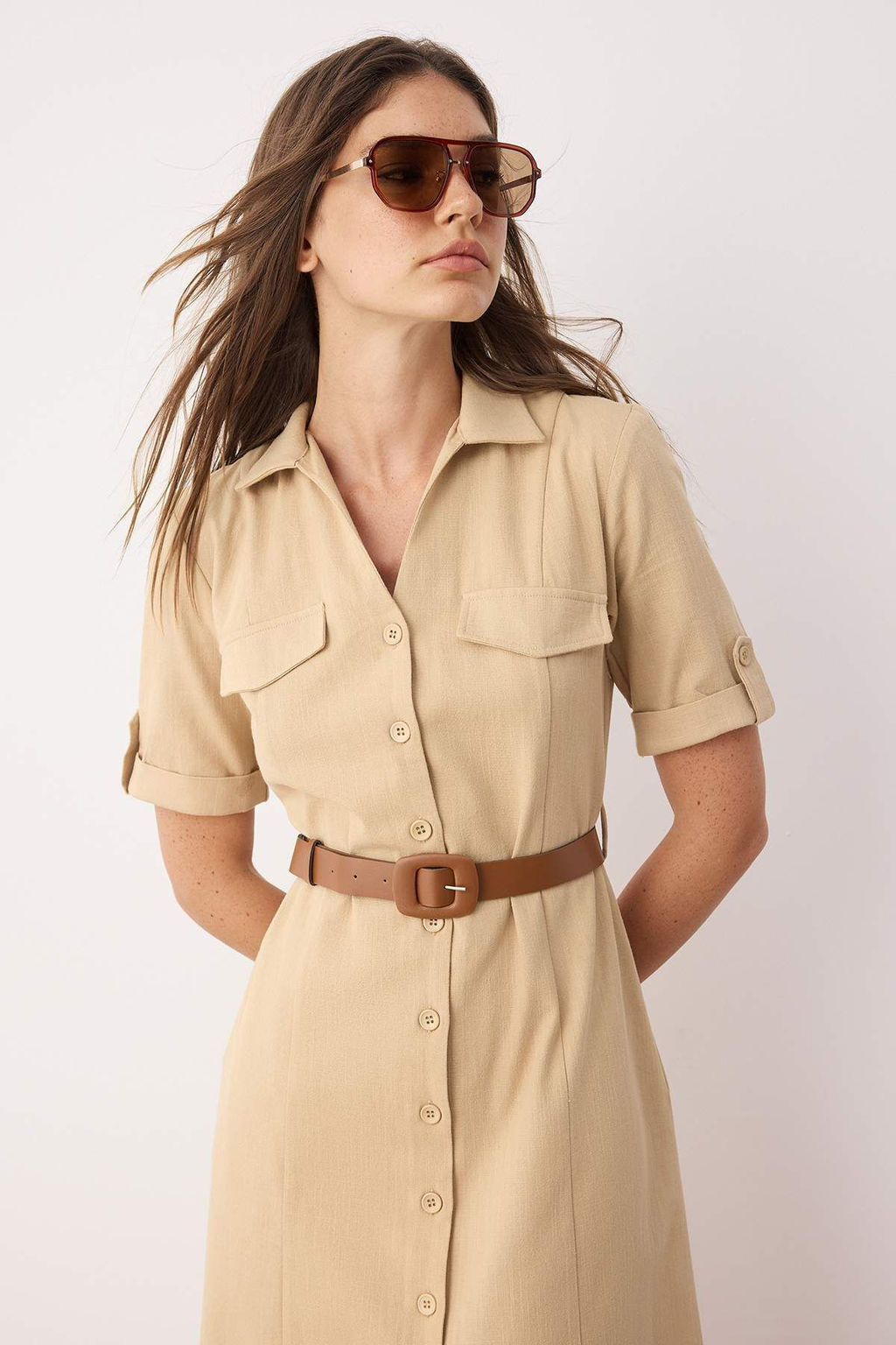 Trendyolmilla Haki Kemerli Keten Kar?s?ml? Cep Detayl? Midi Dokuma Gomlek Elbise TWOSS25EL00704  фото 9