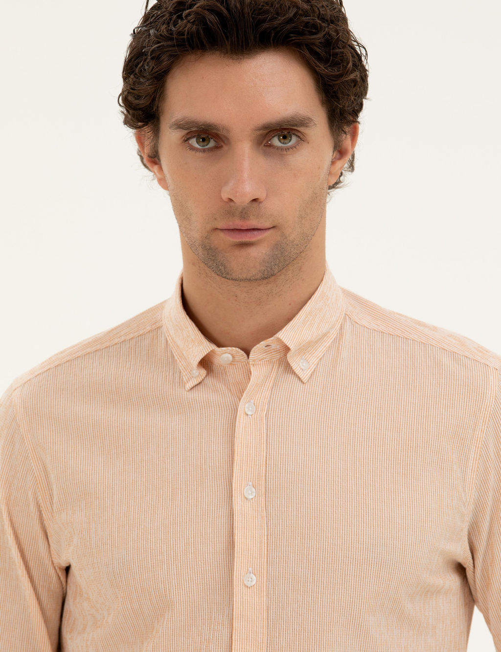 Оранжевая рубашка узкого кроя из смесового хлопка в полоску - Cacharel фото 2