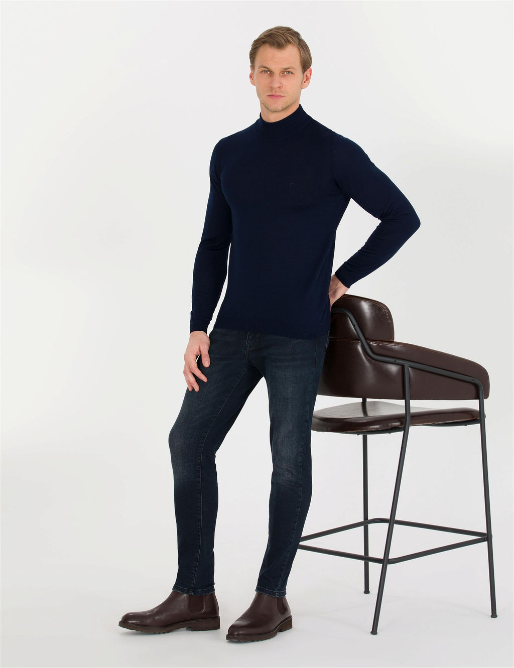 Lacivert Slim Fit Yar_m Bal_k__ Yaka Y_n Kar___ml_ Basic Triko Kazak