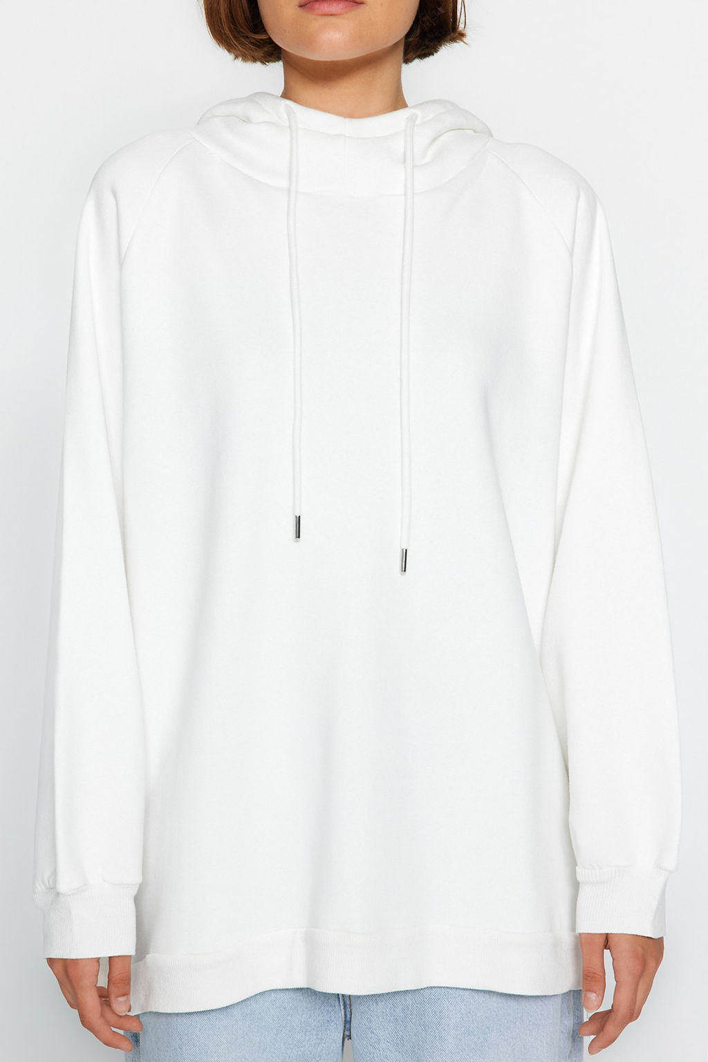 Ekru Kapusonlu Oversize Sardonlu Orme Sweatshirt