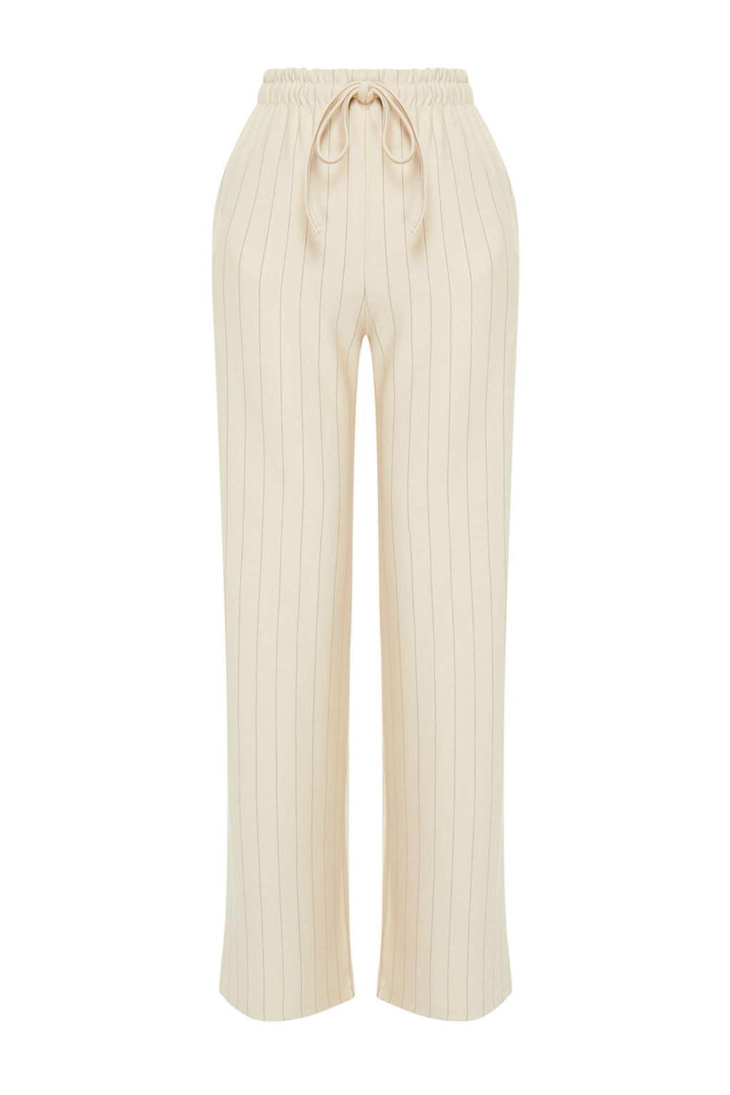 Bej Kal?n Cizgili Straight/Duz Kesim Esnek Pantolon TWOSS24PL00072